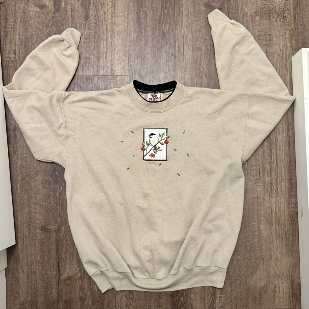 Beige Sweatshirt with Bird Floral Graphic